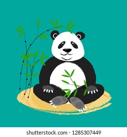 A cartoon panda sits in a bamboo grove and holds a bamboo branch. Vector illustration