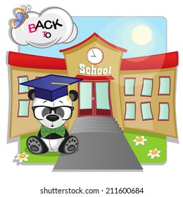 Cartoon Panda is sitting in the background of the school