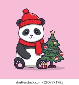 Cartoon Panda Sitting Beside Decorated Christmas Tree Vector Illustration