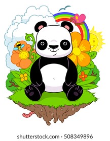 Cartoon panda sitting on the cute nature background. 