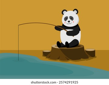 Cartoon of panda sitting on the log tree, fishing on the pool