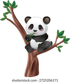 Cartoon panda sitting on tree branch, eating bamboo, vibrant colors, clean vector style