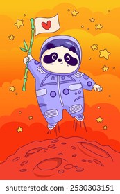 Cartoon panda in space. Panda with a bamboo flag in his hands jumps over the planet. Animals flying in space. Vector flat illustration for kids. Cute astronaut bear image. Space theme
