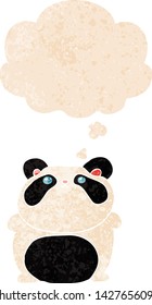 cartoon panda with thought bubble in grunge distressed retro textured style