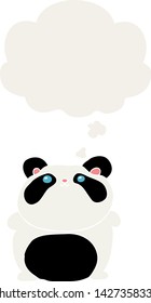caricatura panda con burbuja de pensamiento en estilo retro