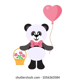 cartoon panda with tie and bscket with flowers and lovely balloons
