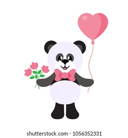 cartoon panda with tie and flowers and lovely balloons