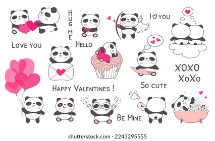 Cartoon panda valentines day stickers set vector illustration. Cute grey panda bears with pink hearts, romantic messages, envelopes. Kawaii clip art elements and phrases isolated on white background