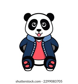 Cartoon Panda vector file  Cute panda wearing blue jacket  Panda and outfit  Panda sitting and hands in pocket 
