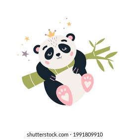 Ilustración vectorial de Cartoon Panda. Un lindo oso bebé dormido con bambú. Afiche de la guardería del personaje de panda. Oso dulce para los niños. Aislado sobre fondo blanco. 