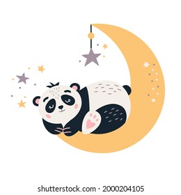 Cartoon Panda vector illustration. Cute sleeping baby bear with moon and stars . Funny panda character nursery poster. Sweet  bear for kids. Isolated on white background. 