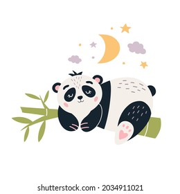 Cartoon Panda vector illustration. Cute sleeping baby bear with bamboo. Funny panda character nursery poster. Sweet  bear for kids. Isolated on white background. 