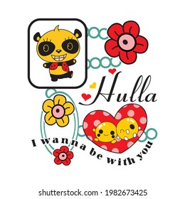 cartoon panda vector illustration with heart and flower background
