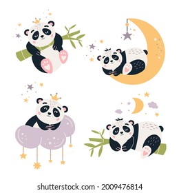 Juego de vectores de Panda de dibujos animados. Un lindo oso bebé dormido con luna y estrellas. Afiche de la guardería del personaje de panda. Oso dulce para los niños. Aislado sobre fondo blanco. 