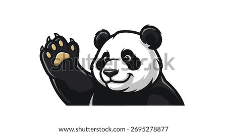 Cartoon panda waving with its paw, featuring a friendly expression and classic black and white markings. The illustration is clean and inviting.
