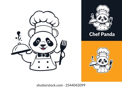A cartoon panda wearing a chef's hat and apron, holding a serving dish and a fork, with steam coming off the dish.
