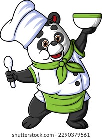 a cartoon panda wearing a chef's outfit, posing with a spoon and a bowl of soup of illustration