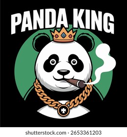 A cartoon panda wearing a crown and gold chain, smoking a cigar, on a black background with a green circle.