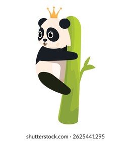 Cartoon panda wearing a gold crown, hugging and climbing a green bamboo tree
