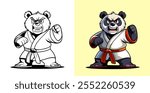 A cartoon panda wearing a karate uniform striking a fierce pose. The image is shown in both black and white and colored versions, highlighting martial arts strength and determination.