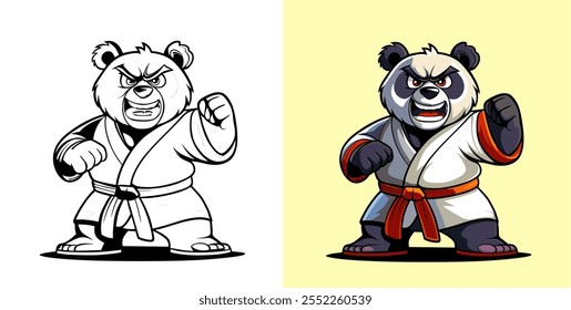 A cartoon panda wearing a karate uniform striking a fierce pose. The image is shown in both black and white and colored versions, highlighting martial arts strength and determination.