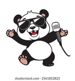 a cartoon panda wearing sunglasses and holding a microphone. The panda has a wide smile and its arms are outstretched as if singing or dancing. T-shirts and Apparel, Hoodies and Sweatshirts, Tank Top