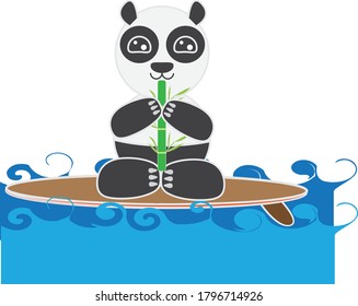 
cartoon of a panda who is eating and also surfing in the ocean