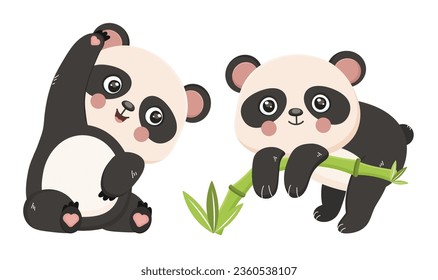 Panda de caricatura, animal salvaje. Personaje feliz. Habitante divertida del zoológico. Vida salvaje de China y asia. Bambú de la jungla. Oso sonriente. Concepto de zoología. Aislado sobre fondo blanco. Ilustración del vector