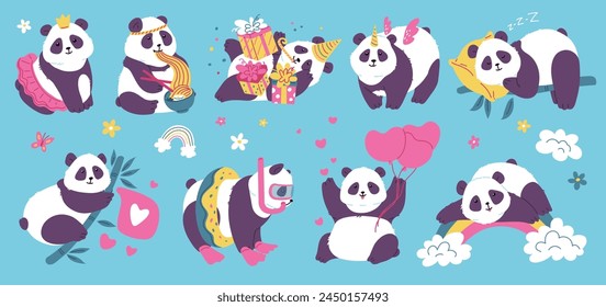 Pandas de dibujos animados adorable conjunto de personajes asiáticos, Ilustración vectorial de dibujos animados plana aislado en el fondo. Divertidos osos panda para tarjetas y ropa de impresión, diseño de camiseta.