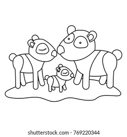 cartoon pandas couple with cub over grass in monochrome silhouette