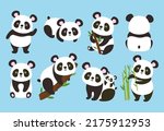 Cartoon pandas. Cute baby bear with bamboo and tree branches, panda in different poses vector illustration set. Adorable asian characters eating leaves, animal parent sitting with kid on back