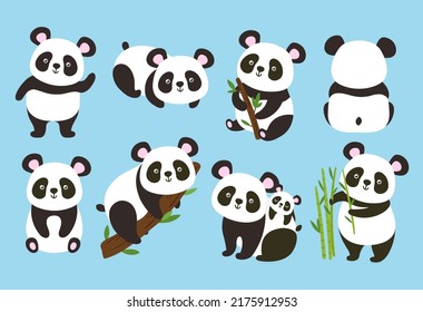 Cartoon pandas. Cute baby bear with bamboo and tree branches, panda in different poses vector illustration set. Adorable asian characters eating leaves, animal parent sitting with kid on back svg