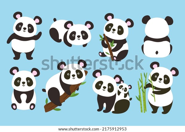 Cartoon pandas. Cute baby bear with bamboo and tree\
branches, panda in different poses vector illustration set.\
Adorable asian characters eating leaves, animal parent sitting with\
kid on back