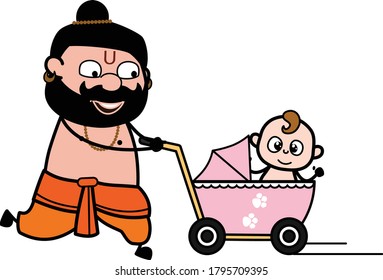 Cartoon Pandit with baby stroller Character Design Illustration