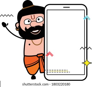 Cartoon Pandit with empty cell phone screen