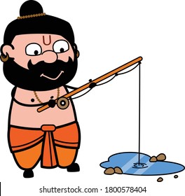 Cartoon Pandit Fishing Vector Character Design Illustration