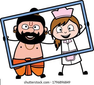 Cartoon Pandit in frame with waitress