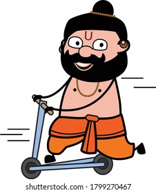 Cartoon Pandit Rides the kick scooter Character Design Illustration