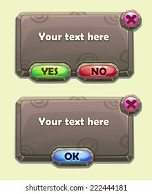 Cartoon panels for game UI, including yes/no and Ok buttons