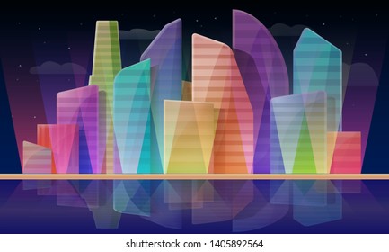 Cartoon panorama of the city with skyscrapers at night, vector illustration