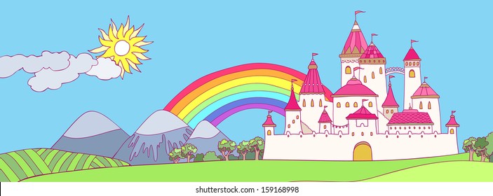 Cartoon panoramic landscape with castle. Cute illustration 