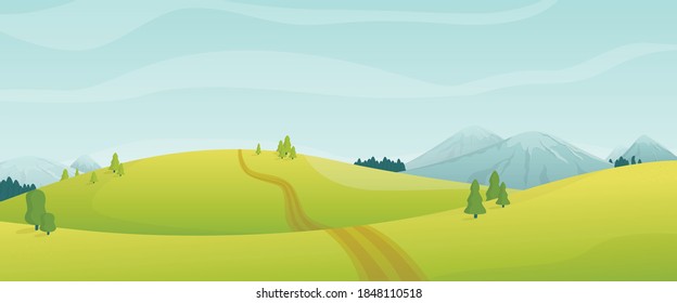 Cartoon panoramic view of summer day nature. Mountains, fields and hills with snow-capped peaks, trees, firs. A path leading off into the distance.