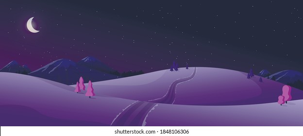 Cartoon panoramic view of winter night nature in black and violet colors. Mountains with snow-capped peaks, trees, firs, hills in the snow. A path leading off into the distance, Christmas and moon.