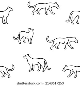 Cartoon panther - seamless trendy pattern with animal in various poses.Contour design vector print for prints, clothing, packaging and postcards. 