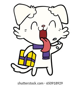 cartoon panting dog with present