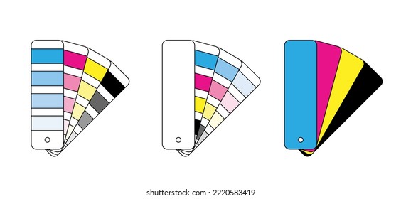 Cartoon Pantone cmyk, pms, rgb guide or colors range toner. For color type: cold or warm, spring, summer, autumn or winter. Color bridge guide set. Fan color palette, book.