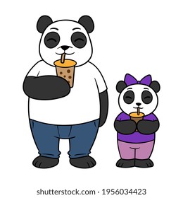 Cartoon Papa Panda and Daughter Drinking Bubble Tea Illustration