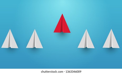 Cartoon paper air plane in sky. Creative minimalistic concept in paper cut 3d style. Colorful modern vector illustration.