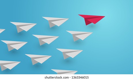 Cartoon paper air plane in sky. Creative minimalistic concept in paper cut 3d style. Colorful modern vector illustration.
