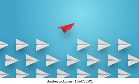 Cartoon paper air plane in sky. Creative minimalistic concept in paper cut 3d style. Colorful modern vector illustration.